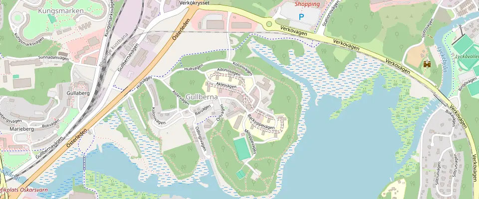 Karta över Gullberna med restaurangen utmärkta.