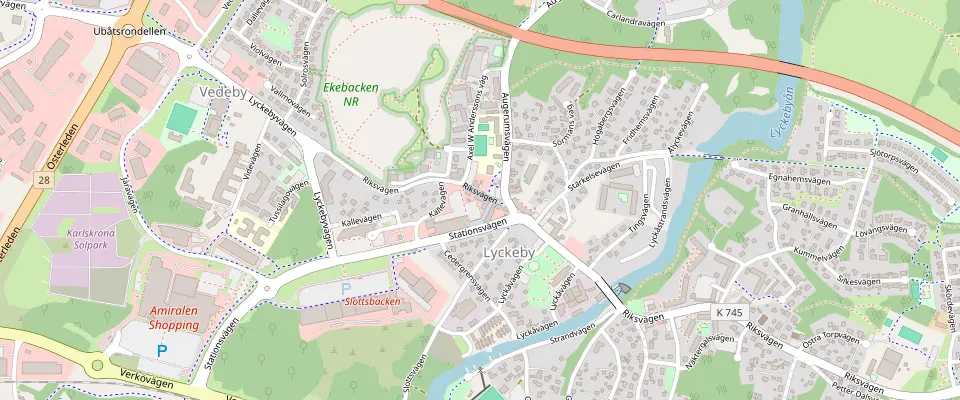 Karta över Lyckeby med restaurangen utmärkta.